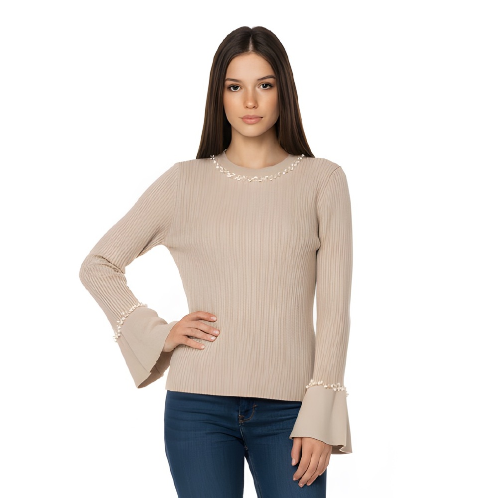 Beige Women's Blouse with‎ pearls Bell Sleeves